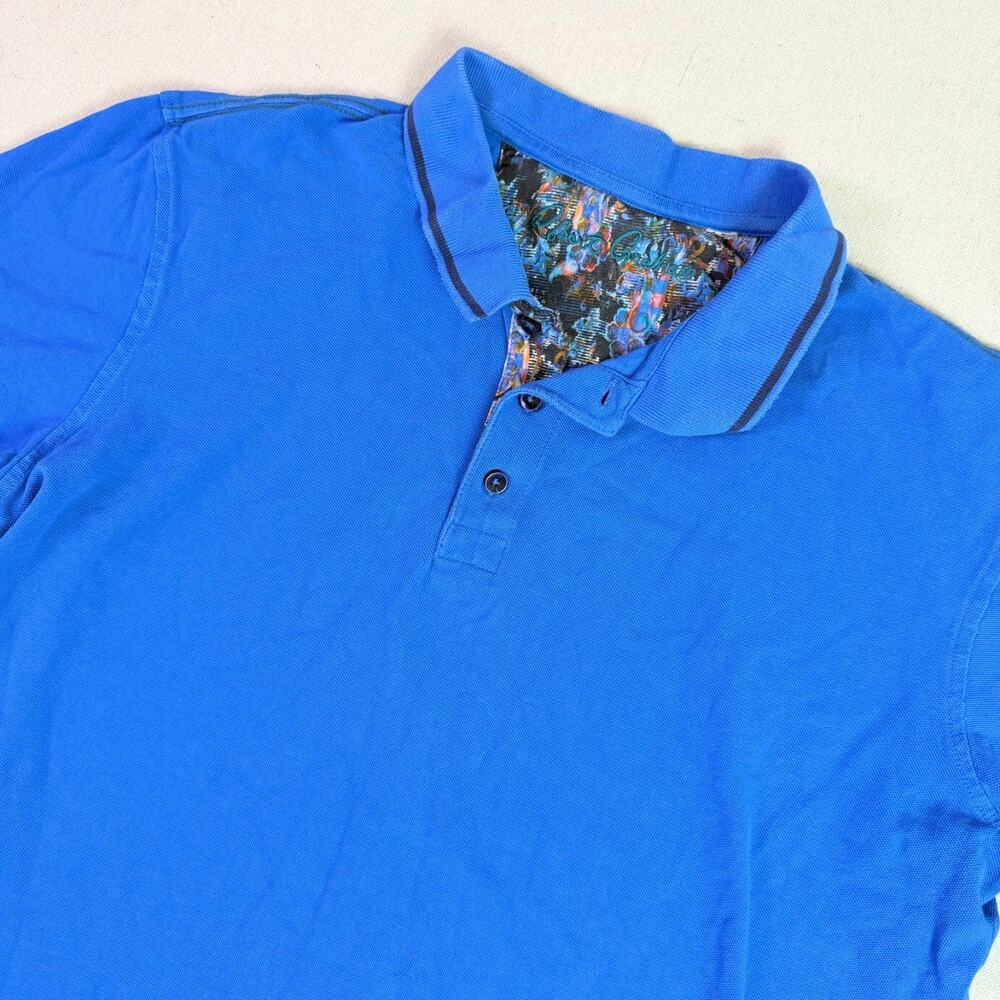 Robert Graham Blue Polo Shirt Mens L Short Sleeve Floral Placket Casual Preppy